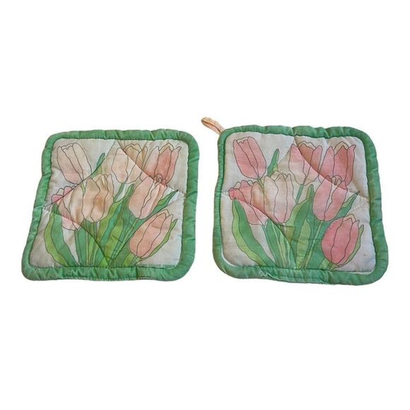 Spring Tulips Easter Vintage Set of 2 Green and Pink Potholders 7” Cottage Core - Picture 1 of 5